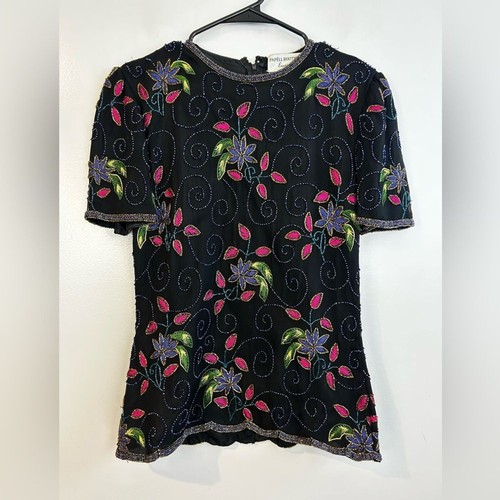 Papell Boutique Evening Short Sleeve Silk Beaded Floral Short Sleeve Top Small