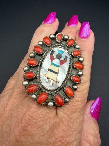 Vintage RHB Roland Hogan Begay Navajo Sterling Coral Gaan Dancer Inlay Ring 7.5