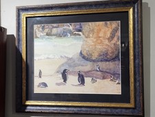 Gerahmte Felsbrocken Strand Pinguine, Simonstown, Kapstadt Original Aquarell