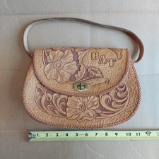Vintage Tooled Leather Purse Hand Bag Tan Brown Western Rockabilly