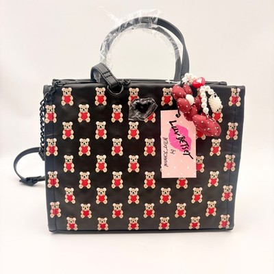 Luv Betsey by Betsey Johnson Teddy Bear Heart Satchel Crossbody Bag Black NEW