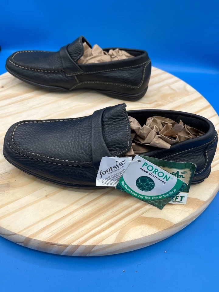 Mocasín Thom McAn para hombre talla 6,5 cuero negro sin cordones cómodo ligero Foto 3 de 4