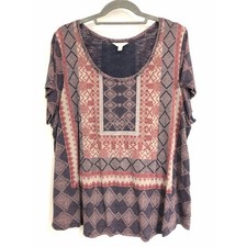 Lucky Brand Plus Size 1X SS Top Blue Gray Red Multi Scoop Neck EUC