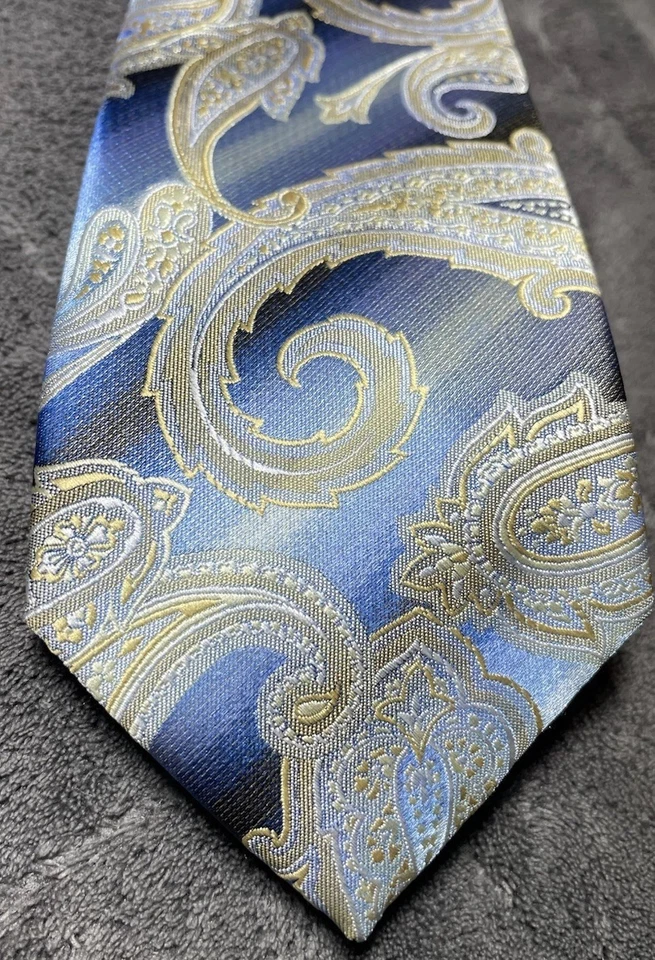 Corbata de cuello Mario Ferrari azul con detalles dorados cachemira poliéster para hombre 60"L 3"W Foto 3 de 4