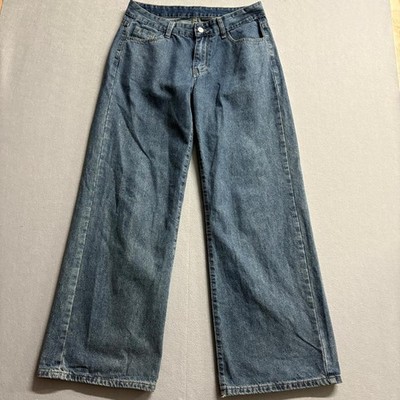 Fashion Jeans Womens Medium Wide Leg Denim Blue High Rise Cotton Blend