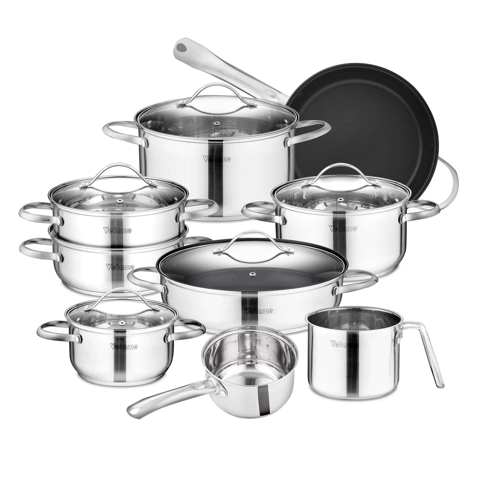 Velaze Cookware Set Stainless Steel 8/9/14 Piece Cooking Pot Pan Set Induction S
