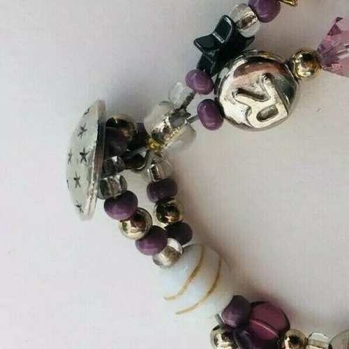 Hand Crafted 2 Strand Glass and Metal Bead Bracelet Purple White Silver Tone - Picture 3 of 3