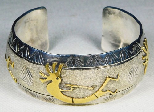 PULSERA BRAZALETE KOKOPELLI NAVAJO VIRGIL READER ESTERLINA Latón Superpuesto HECHA A MANO