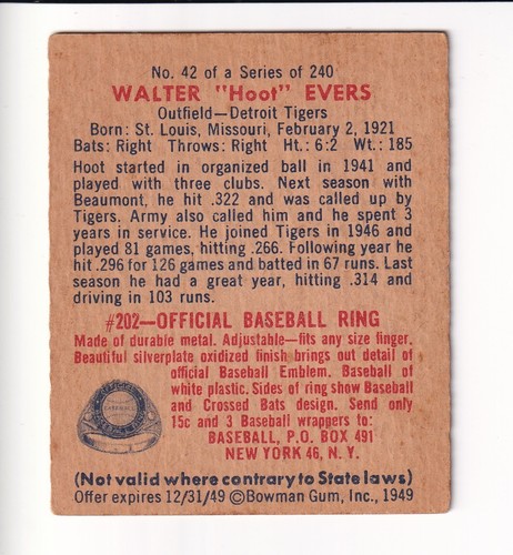 1949 BOWMAN BASEBALL CARD 42 WALTER "HOOT" EVERS DETROIT TIGERS MLB - Picture 2 of 2