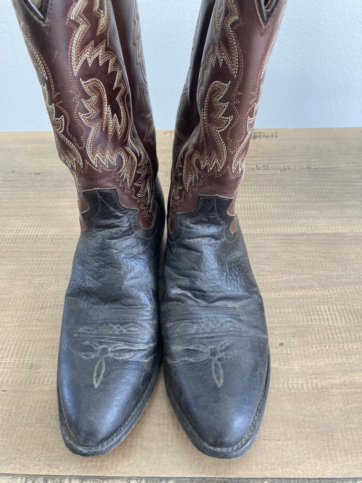 Bota vaquera de cuero marrón y negro Dan Post vintage para hombre - talla 9,5 D Foto 3 de 4