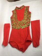 VINTAGE Red GREEN SEQUINS MAJORETTE DANCE RECITAL UNIFORM COSTUME Zip In Back