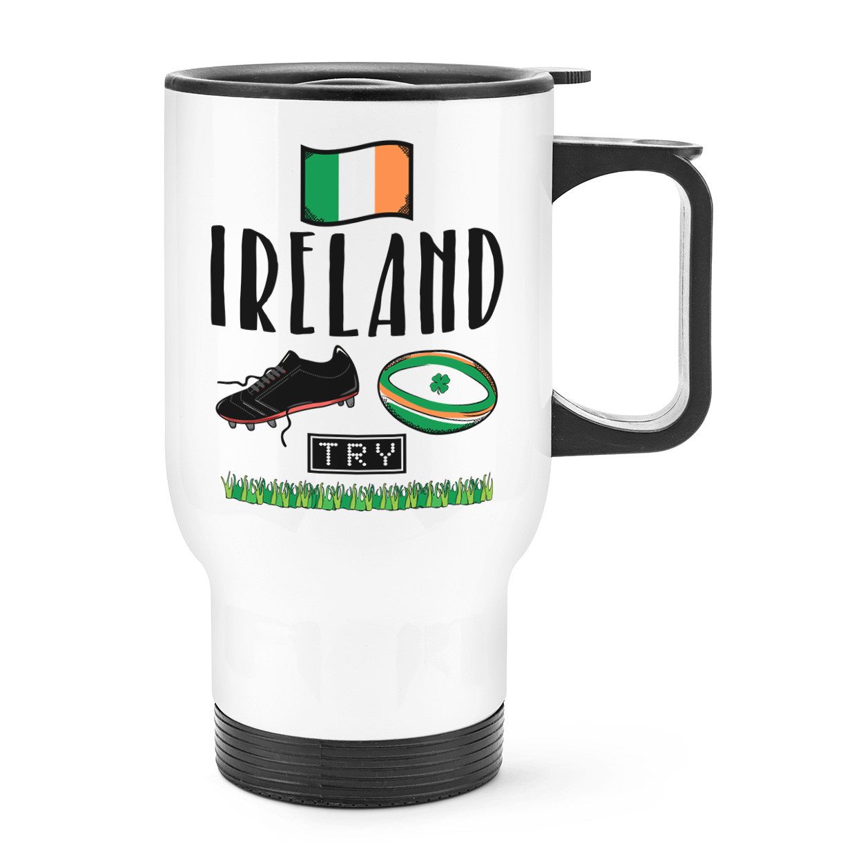 Rugby Ireland Travel Mug Cup With Handle - Funny Union Shamrock Flag Thermal
