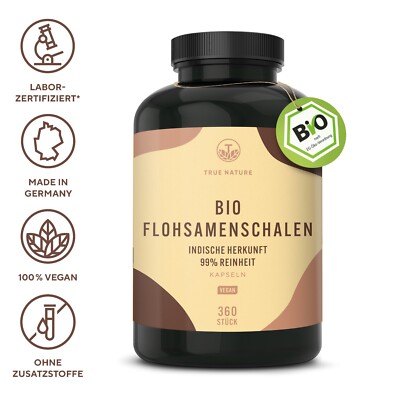 Bio Flohsamenschalen Kapseln - 360 Stück - Vegan & Made in DE - TRUE NATURE 