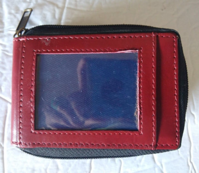 Zippered Card Holder Wallet Faux Leather Cherry/Brown ID Window