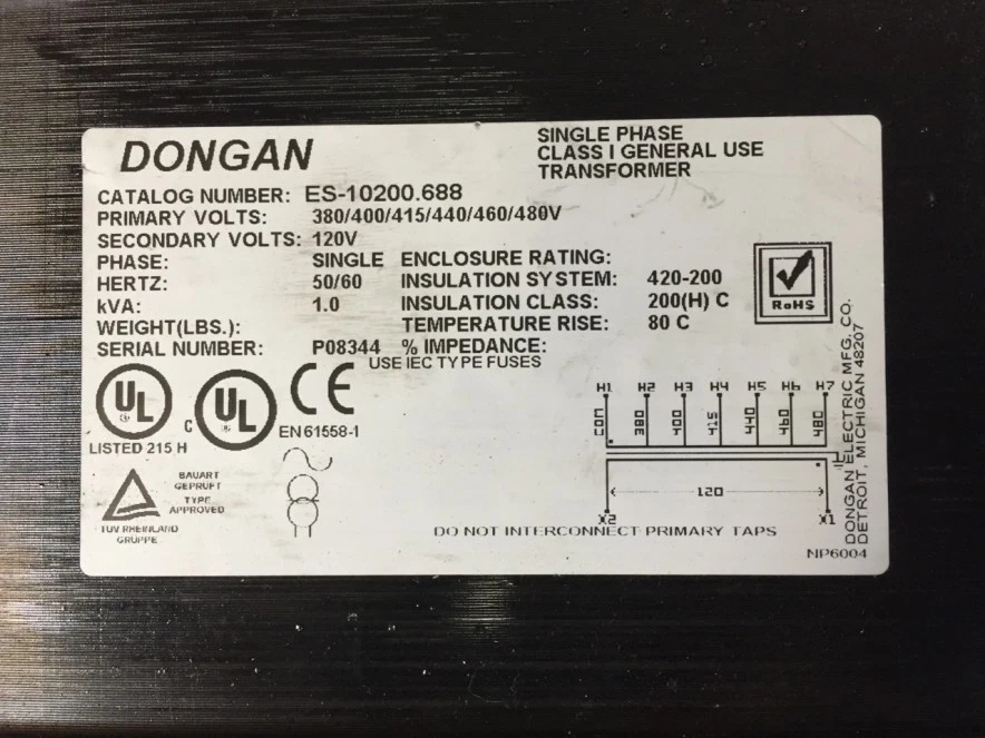 Transformador monofásico Dongan ES-10200.688 1.0 kVA 120 VAC - Imagem 2 de 2