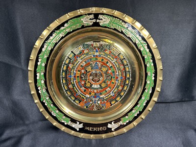VTG Mexican Mayan Brass Calendar Plate Wall Art Aztec Folk Art Enamel Inlay 11 