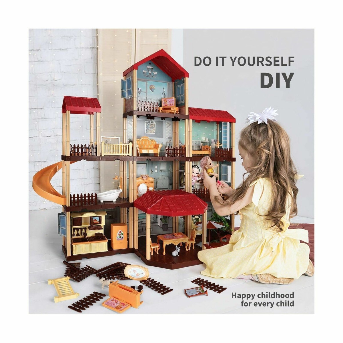 Temi Pretty Dollhouse DIY Dreamhouse Kit Decorations w/ Furniture