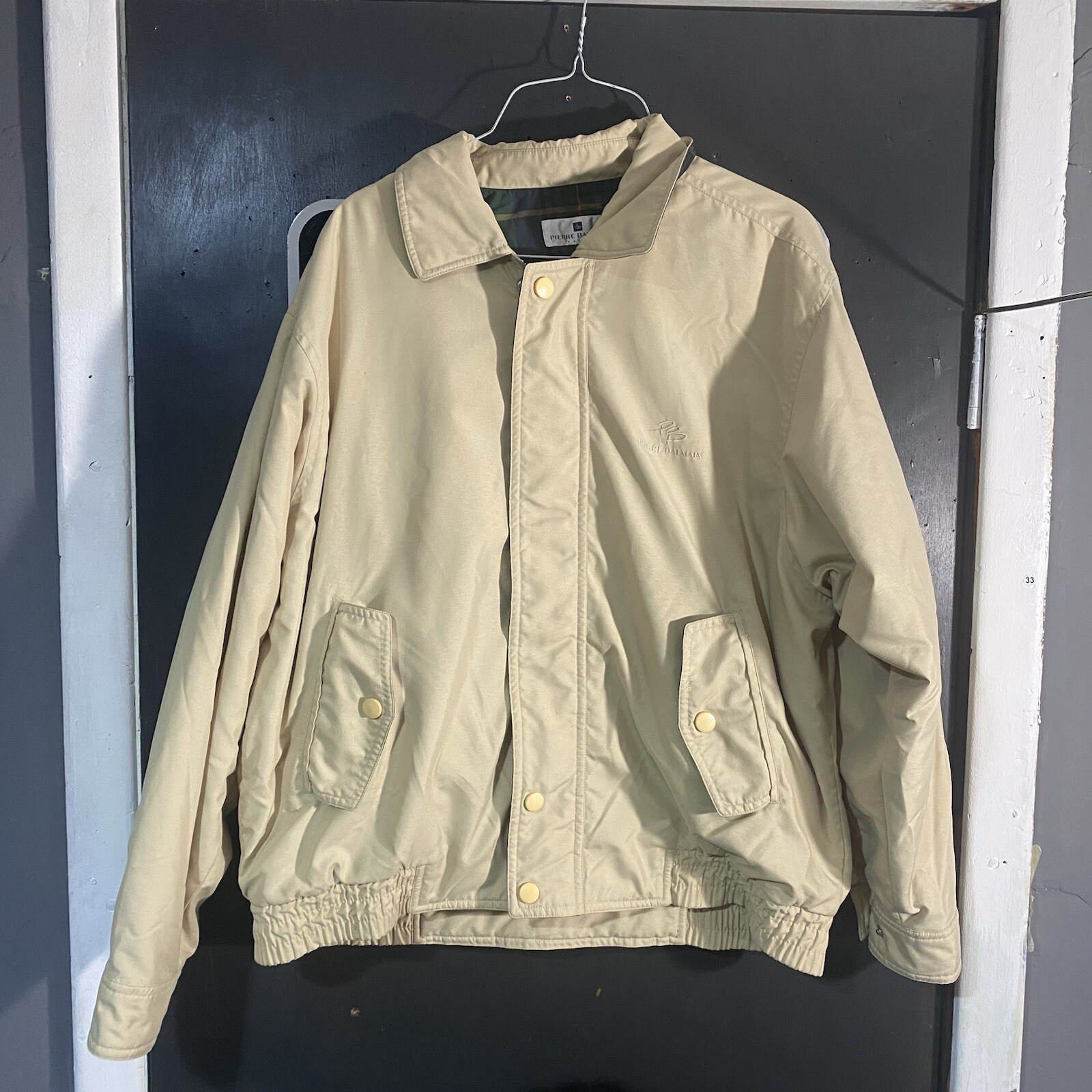 Vintage 90's Pierre Balmain Beige Bomber Jacket Plaid Lining Size Medium