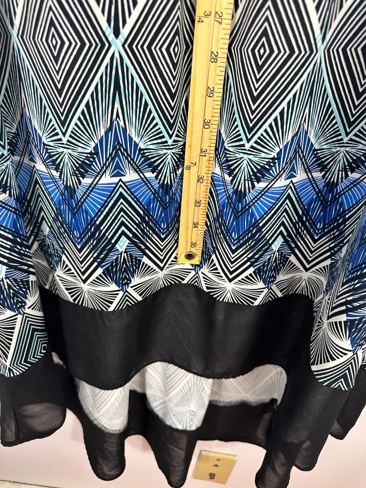 Vestido Notations 1X Azul Negro Estampado Geométrico Alto Bajo Sin Mangas Boho Art Deco Foto 4 de 4