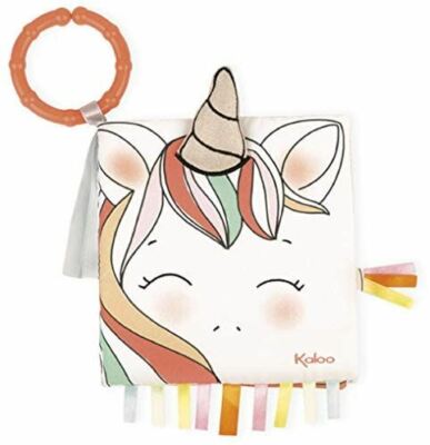 Kaloo Soft Activity Book Das glückliche Einhorn Baby interaktive Clip-On Lamm Bänder