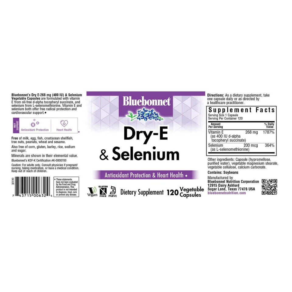 Bluebonnet Dry E-268 Mg (400 Iu) & Selenium 120 Vegetable Capsules, Heart Health - Image 4 of 4