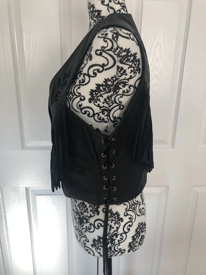 Kerr кожаный мотоциклетный жилет винтажный Concho бахрома границы цветочный цветок женщин L - Изображение 2 из 4