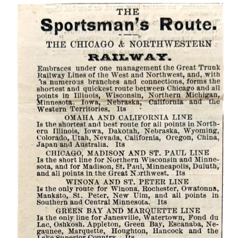 1876 Chicago & Northwestern Railway Advertisement Sportsmen Outdoors Railroad