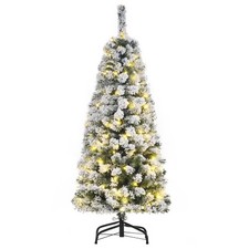 Image of HOMCOM 4FT Prelit Snow Flocked Christmas Tree w/ Light, Xmas Decoration Green