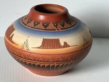 Navajo Art Pottery Vase Hand Etched Native American Southwestern Pot Signed