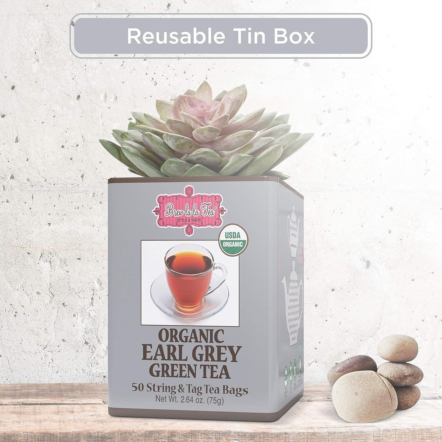 Brew La La Tea USDA Organic Earl Grey Green Tea. 50 String & Tag Tea Bags