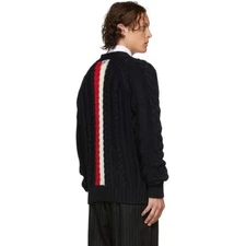 THOM BROWNE Navy Aran Merino Wool Cable Knit Crew Neck Pulllover Sweater, Size 5