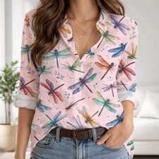 Image of Colorful Pastel Dragonfly Blouse Nature Insect Art Summer Casual Button Up Top