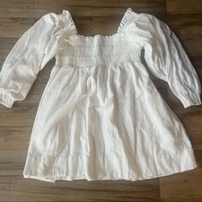 FREE PEOPLE Boho Babydoll Coquette Mini Dress White Size L Peasant Short