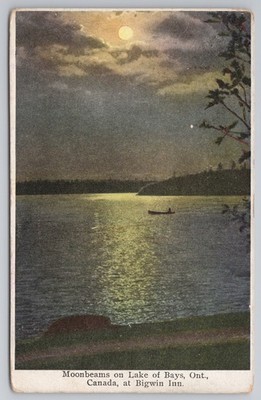 Moonbeams Lake of Bays Bigwin Inn Ontario Kanada Nachtansicht Vintage Postkarte