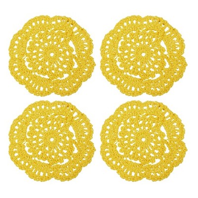 4Pcs Crochet Doilies 4'' Cotton Woven Round Fabric Coasters Yellow