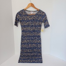 LULAROE Julia Blue Yellow/White Leaf Pattern Form Fitting Pencil Dress XXS NWT