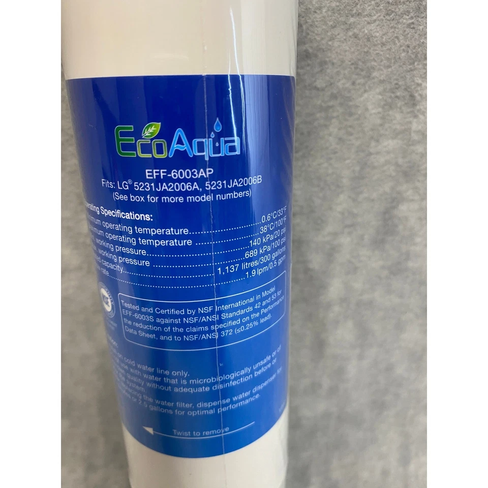 Filtro de agua para refrigerador EcoAqua EFF-6003AP compatible con LG 5231JA2006A, 5231JA2006B Foto 3 de 4