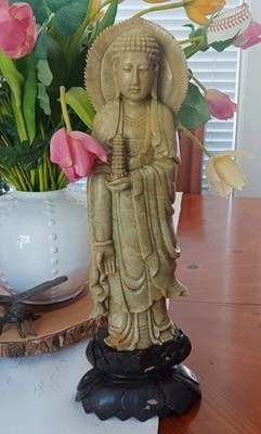 VTG 1940-50s Hand Carved Stone Buddha Sculpture Statue Japan 16.25''