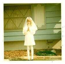 1970s Little Girl First Communion White Dress Veil Praying Vintage photo