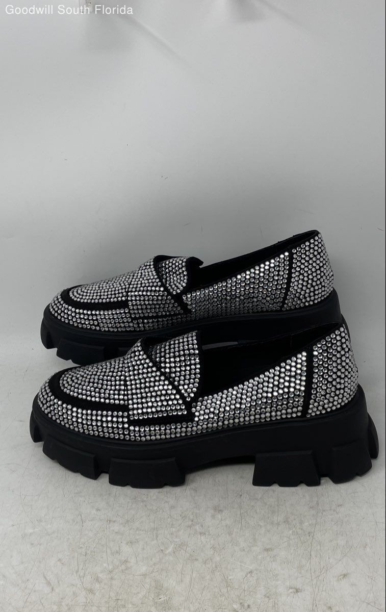 Steve Madden Womens Trifecta Black Silver Rhinestone Loafer Shoes Size 11