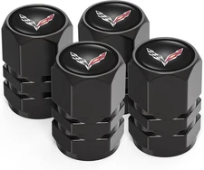Chevy Corvette Black Metal Car Wheel Tire Valve Stem Cover Caps. Auto. Hex Shape