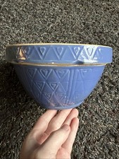 Antique Yelloware Stoneware Unusual Blue Glaze Hearts Mixing Bowl 8?