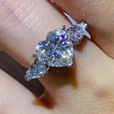 2.80 CTW Heart Cut Moissanite Three Stone Engagement Ring 14k White Gold Plated