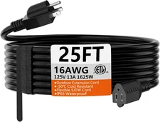 25 FT 16 Gauge Black Indoor Outdoor Extension Cord Waterproof, Flexible Cold We