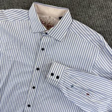 Robert Graham Shirt Mens Large Blue White Stripe Long Sleeve Button Silk Trim