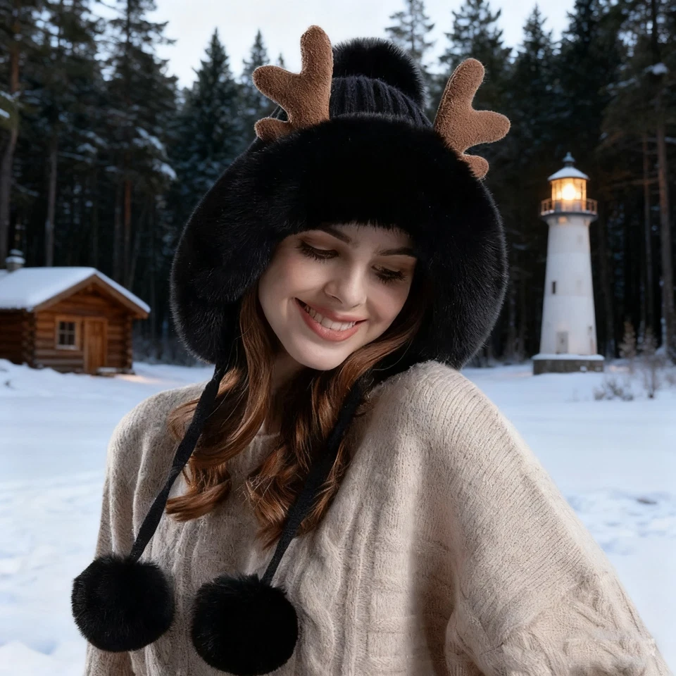 Chapéu de malha feminino inverno com chifres de pelúcia gorro grosso capa de orelha boné de chifre de veado - Imagem 3 de 4