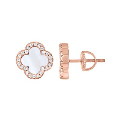 925 Sterling Silver Rose Cubic-Zirconia White Enameled Clover Stud Earrings 10mm