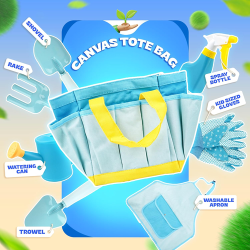 Set Giardinaggio Bambini - Set Attrezzi da Giardino per Bambini con Pala Rastrello Cazzuola, Grembiule Borsa - Foto 2 di 6