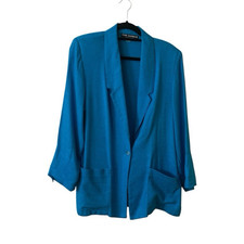 Sag Harbor Blue Rayon Flax Blazer Jacket Size 10 Women's Vintage Style