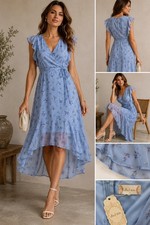 Altar’d State Florentina Dress Small Blue Floral Hi Low Ruffle Wrap Midi NWT